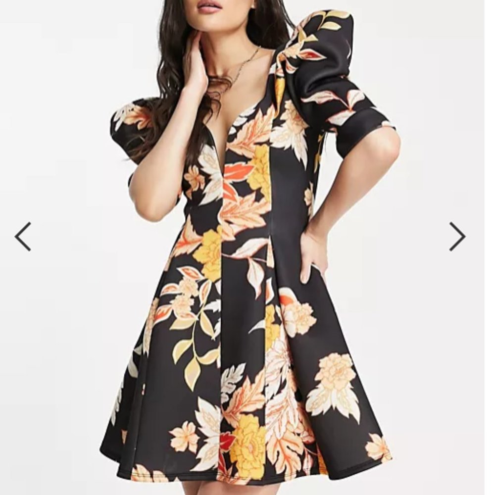 ASOS DESIGN - Black Mini Dress with Orange/Cream Flowers